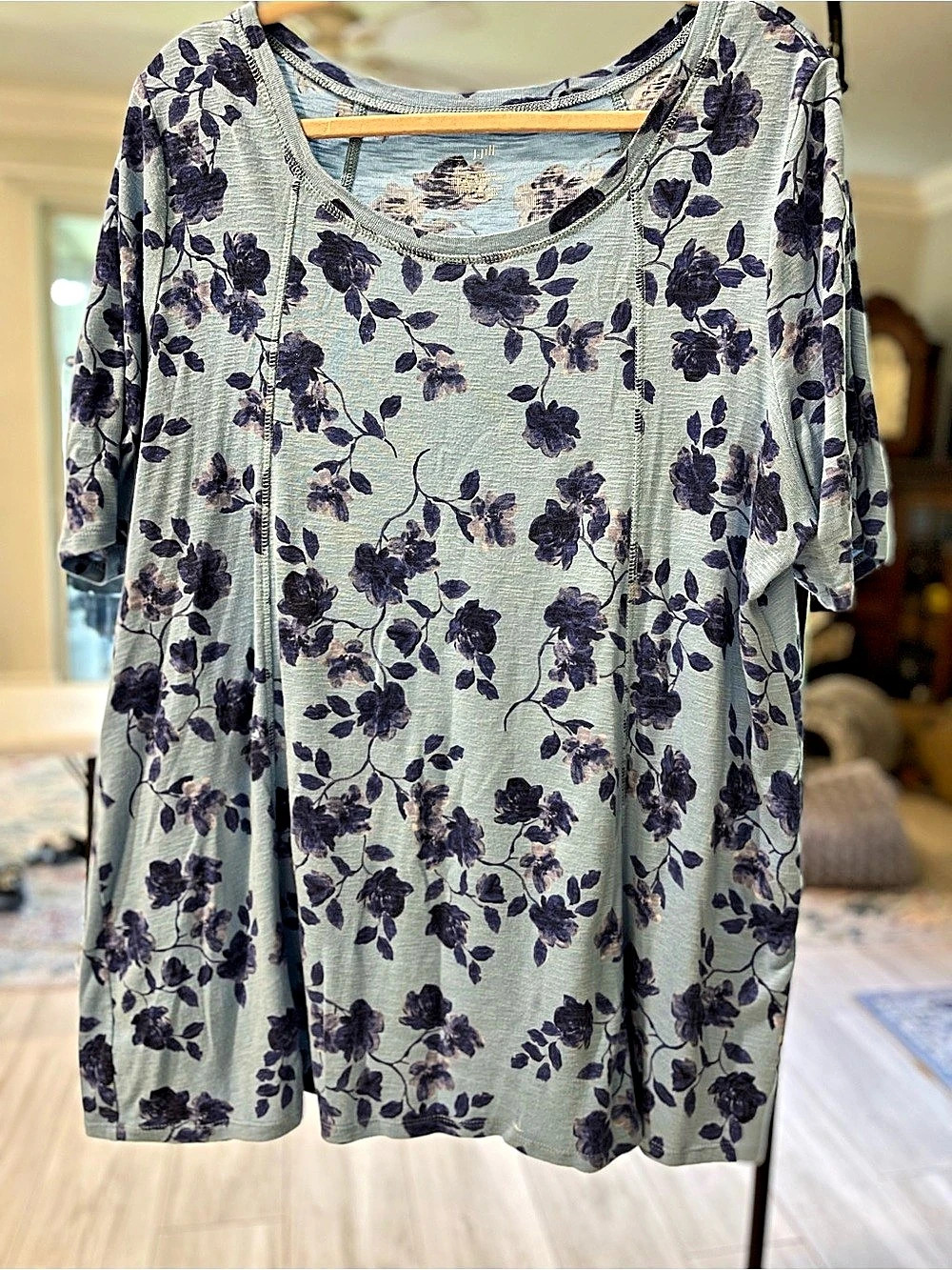 J.Jill Pima Seamed Elbow-Sleeve Tunic Floral Top LightBlue & dark Blue XL